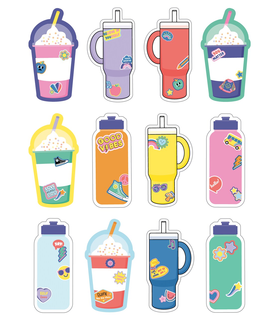 Carson Dellosa We Stick Together 36-Piece Cups and Water Bottle Cutouts, Colorful Drinks and Hydroflask Cut Outs for Name Tags, Bulletin Board, and Classroom Decor
